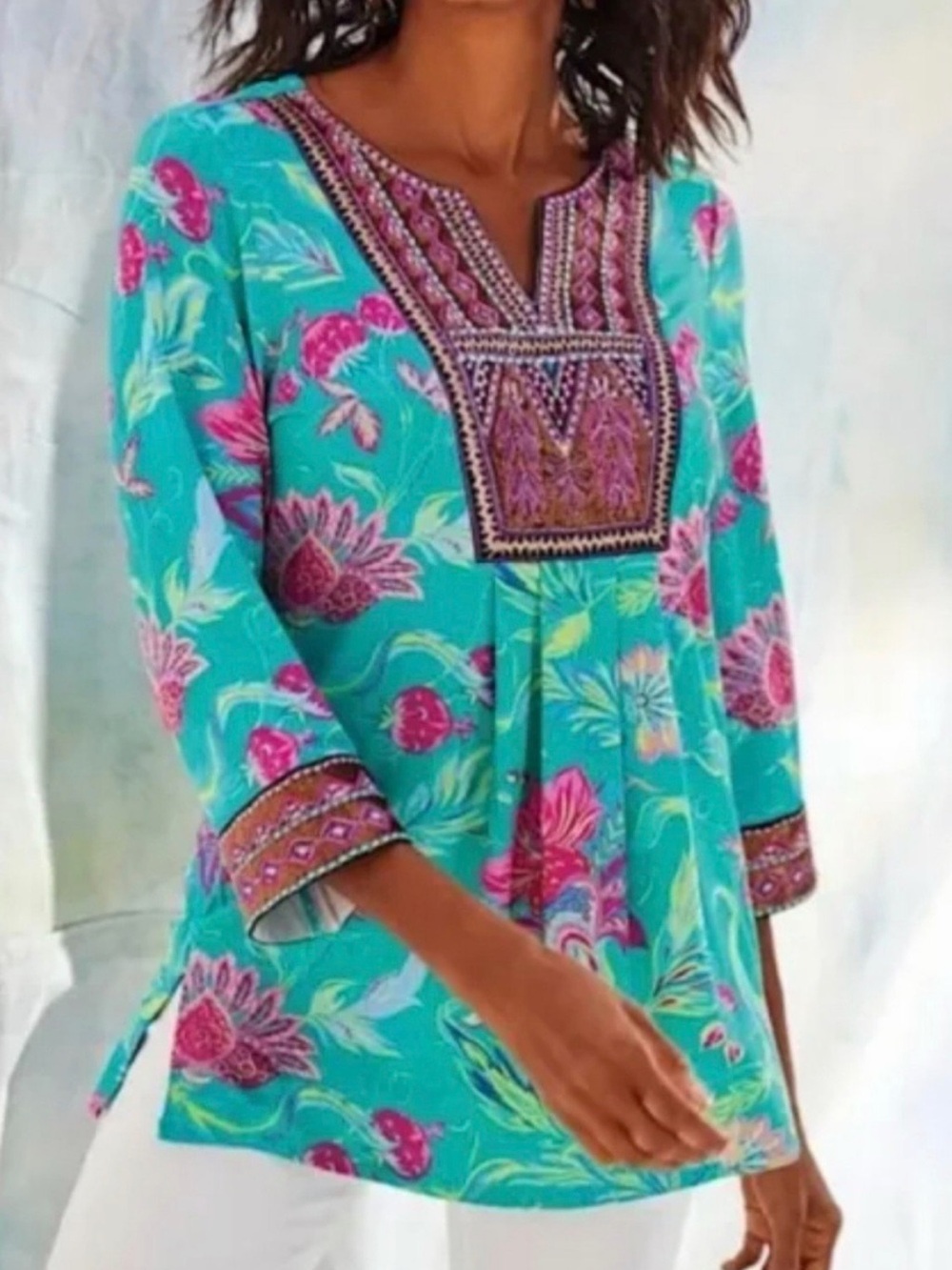 SOFT SURROUNDINGS MADDALENA EMBROIDERY EMBELLISHED V NECK TUNIC RESORTWEAR M